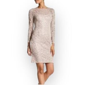 Marina Sheath Dress Women's 4 Taupe Lace 3/4 Sleeves Semi-Sheer Scoop Back